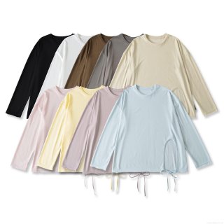 Women Casual Cotton Polyester Blend Long Sleeve T-Shirt Round Neck Irregular Hem Side Drawstring Cutout Solid Color Pullover Top For Daily Streetwear