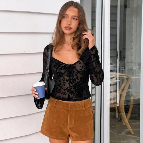 Women's Sexy Black Floral Flocking Mesh Crop Top Long Flare Sleeve Sweetheart Neck Lace-up Slim Fit Sheer T-Shirt Polyester Spandex for Party Club