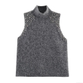 Women's Sleeveless Knit Sweater Vest High Neck Rhinestone Pearl Embellished Pullover Top Loose Autumn Winter Streetwear Gray Fashion Knitwear