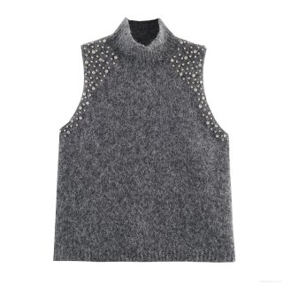Women's Sleeveless Knit Sweater Vest High Neck Rhinestone Pearl Embellished Pullover Top Loose Autumn Winter Streetwear Gray Fashion Knitwear