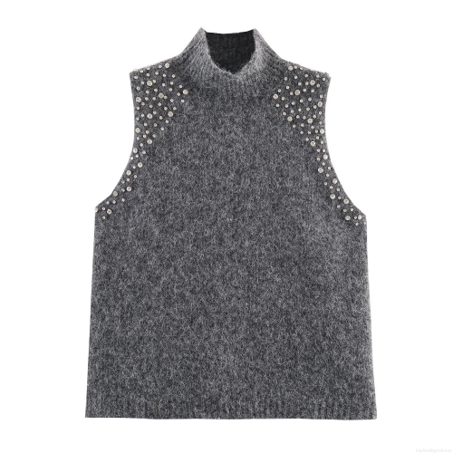Women's Sleeveless Knit Sweater Vest High Neck Rhinestone Pearl Embellished Pullover Top Loose Autumn Winter Streetwear Gray Fashion Knitwear