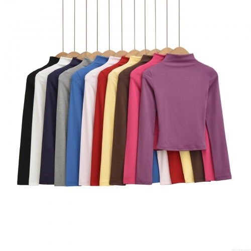 Women's Mock Neck Long Sleeve T-Shirt Slim Fit Solid Color Polyester Ribbed Knit Undershirt Casual Basic Top for Autumn Winter Streetwear Ladies