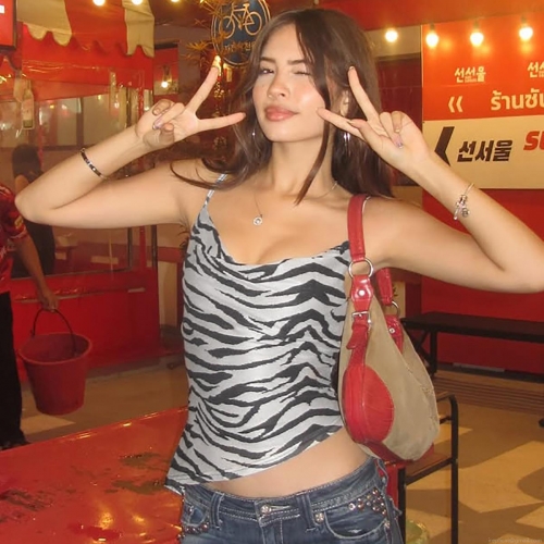 Women Sexy Zebra Print Cowl Neck Backless Cami Top Spaghetti Straps Slim Fit Y2K Street Style Polyester Spandex Crop Tank Top