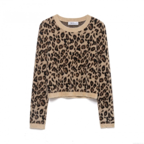 Women's Leopard Print Sweater Faux Mink Fur Polyester Knit Round Neck Long Sleeve Ribbed Cuff Casual Streetwear Autumn Winter Warm Pullover Top