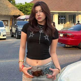 Y2K Streetwear Rhinestone Star Crop Top T-Shirt For Women Sexy Slim Fit Round Neck Short Sleeve Polyester Spandex Summer Fashion Tee