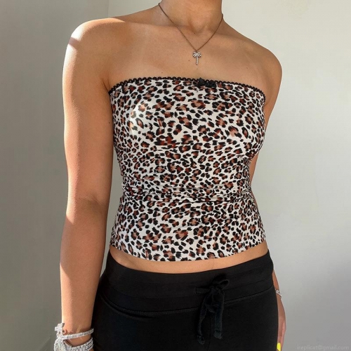Women's Sexy Leopard Print Tube Top Lace Trim Bow Decor Slim Fit Cropped Bandeau Top Summer Party Streetwear Polyester Spandex Top