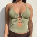 Plus Size Women Camisole Crop Top Polyester Spandex Hollow Out Metal Ring Backless Slim Fit Summer Streetwear Sexy Solid Color Tank Top