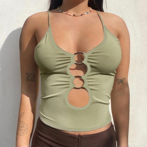 Plus Size Women Camisole Crop Top Polyester Spandex Hollow Out Metal Ring Backless Slim Fit Summer Streetwear Sexy Solid Color Tank Top