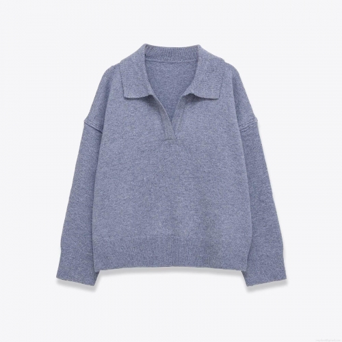 Women's Casual Knitted Sweater Polo Collar Long Sleeve Solid Color Pullover Top Loose Fit Knitwear for Autumn Winter Streetwear