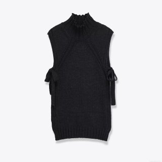 Women High Neck Knitted Vest Sleeveless Side Tie Bow Solid Color Split Hem Pullover Sweater Tank Top Autumn Winter Fashion Streetwear