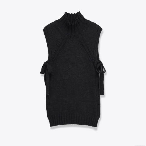 Women High Neck Knitted Vest Sleeveless Side Tie Bow Solid Color Split Hem Pullover Sweater Tank Top Autumn Winter Fashion Streetwear