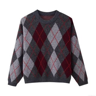 Women's Retro Argyle Knitted Sweater Long Sleeve Crew Neck Polyester Color Block Pullover Winter Warm Streetwear Knitwear Top
