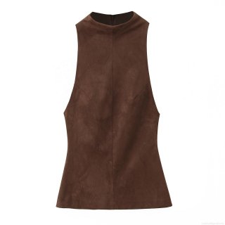 Women's Faux Suede Sleeveless Top Round Neck Skirt Style Hem Street Fashion Casual Tank Top With Back Zipper Polyester Dark Brown Solid Color Clubwear