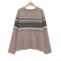 Women's Retro Fair Isle Geometric Jacquard Knit Sweater Loose Crew Neck Long Sleeve Polyester Pullover Autumn Winter Warm Casual Top