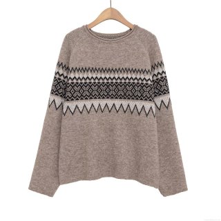Women's Retro Fair Isle Geometric Jacquard Knit Sweater Loose Crew Neck Long Sleeve Polyester Pullover Autumn Winter Warm Casual Top