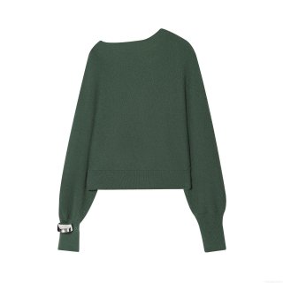 Women's Asymmetrical Neck Knitted Top Long Sleeve Polyester Pullover With Metal Ring Decoration Casual Street Style Autumn Jumper For Women