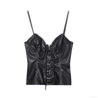 Women Sexy Black PU Faux Leather Camisole Top Lace-up Front Back Zipper V Neck Slim Fit Corset Tank Top Sleeveless Streetwear Clothing
