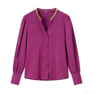 Women's Long Sleeve Blouse Satin Pleated V-Neck Beaded Top Solid Color Rose Red Street Style Elegant Casual Shirt For Women