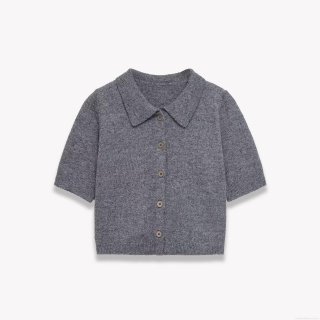 Women Short Sleeve Knit Cardigan Sweater Polo Lapel Single Breasted Solid Color Polyester Casual Autumn Winter Soft Knitwear Grey Tops
