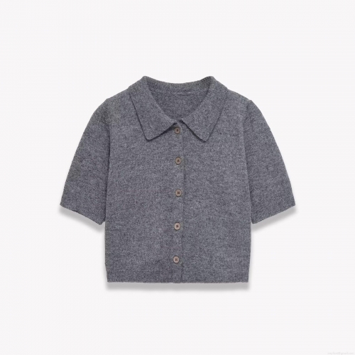 Women Short Sleeve Knit Cardigan Sweater Polo Lapel Single Breasted Solid Color Polyester Casual Autumn Winter Soft Knitwear Grey Tops