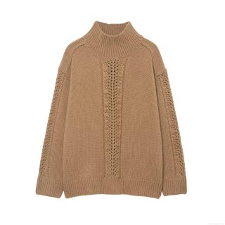 Women Vintage Cable Knit Sweater Hollow Out Pullover Mock Neck Long Sleeve Casual Loose Warm Solid Color Polyester Knitwear Top
