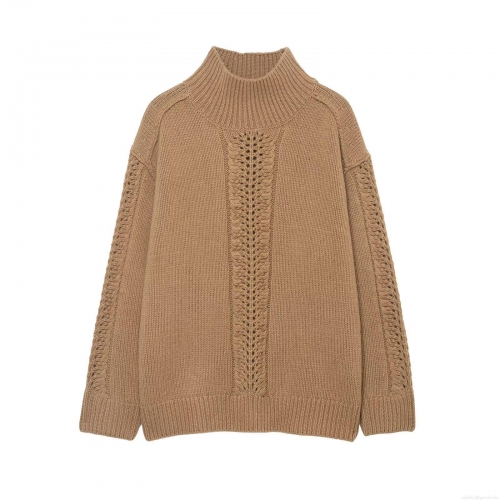 Women Vintage Cable Knit Sweater Hollow Out Pullover Mock Neck Long Sleeve Casual Loose Warm Solid Color Polyester Knitwear Top