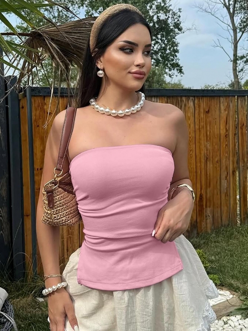 Women Sexy Ruched Tube Top Strapless Solid Color Slim Fit Bandeau Crop Top Summer Elastic Streetwear Party Clubwear Vest