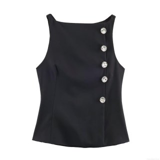 Women's Elegant Black Sleeveless Tank Top With Jewel Buttons Rhinestone Decoration Chic Bodycon Vest For Party Evening Party Office Lady Fashion