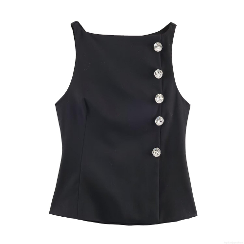 Women's Elegant Black Sleeveless Tank Top With Jewel Buttons Rhinestone Decoration Chic Bodycon Vest For Party Evening Party Office Lady Fashion