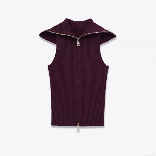 Women's Ribbed Knit Vest Sleeveless Zip Up Lapel Sweater Top Solid Wine Red Slim Fit Streetwear Autumn Pullover Waistcoat For Lady