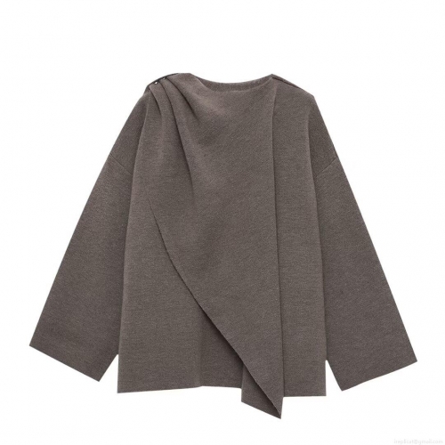 Women's European Style Chunky Knit Sweater With Asymmetric Scarf Collar Solid Color Long Sleeve Cardigan Jacket Soft Warm Autumn Winter Streetwear Outerwear For Ladies