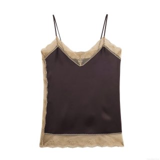 Women Lace Patchwork Satin Camisole V Neck Spaghetti Strap Silk-like Tank Top Sleeveless Blouse French Style Sexy Summer Underwear Top For Women