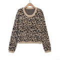 Women's Casual Leopard Print Long Sleeve Sweater Faux Mohair Knit Round Neck Warm Pullover Top For Daily Streetwear