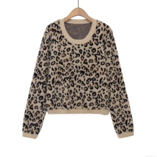 Women's Casual Leopard Print Long Sleeve Sweater Faux Mohair Knit Round Neck Warm Pullover Top For Daily Streetwear