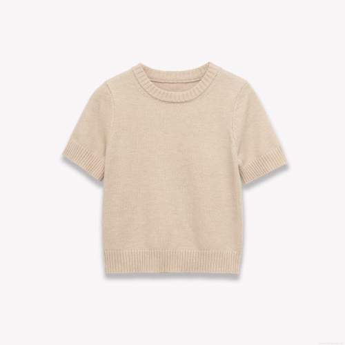 Women's Short Sleeve Round Neck Knit Sweater Minimalist Polyester Pullover Top Oatmeal Beige For Autumn Casual Chic Streetwear Fashionable Women Soft Knitwear