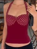 Women Sexy Polka Dot Halter Tank Top Backless Ruched Slim Fit Summer Crop Top Polyester Spandex Burgundy Sleeveless Clubwear Party Vest