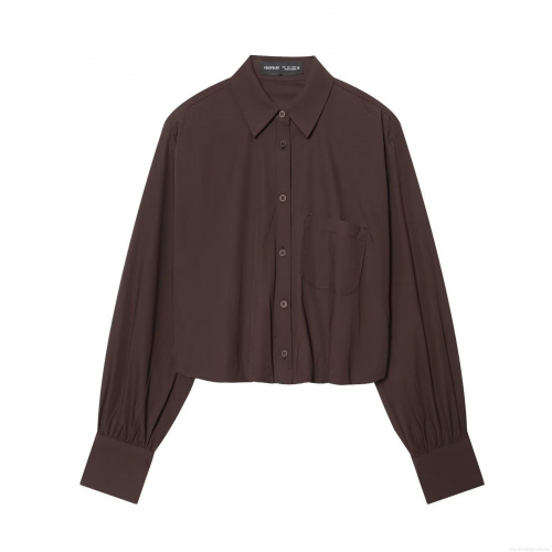 Women's Cropped Plaid Shirt European Style Long Sleeve Seersucker Blouse Single Pocket Button Down Top For Streetwear Casual Spring Autumn