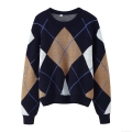 Women's Polyester Argyle Plaid Pattern Round Neck Long Sleeve Pullover Sweater Geometric Color Block Knitwear Casual Streetwear Top Autumn Winter