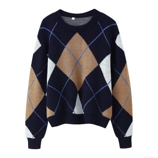 Women's Polyester Argyle Plaid Pattern Round Neck Long Sleeve Pullover Sweater Geometric Color Block Knitwear Casual Streetwear Top Autumn Winter