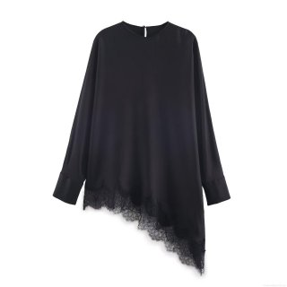 Women Elegant Long Sleeve Satin Top With Lace Splicing Irregular Hem Round Neck Western Style Streetwear Casual Party Blouse Fashion Shirt Black