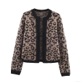 Women's Casual Leopard Print Knit Cardigan V-Neck Long Sleeve Sweater Coat With Pockets Loose Fit Streetwear Polyester Knitted Outerwear