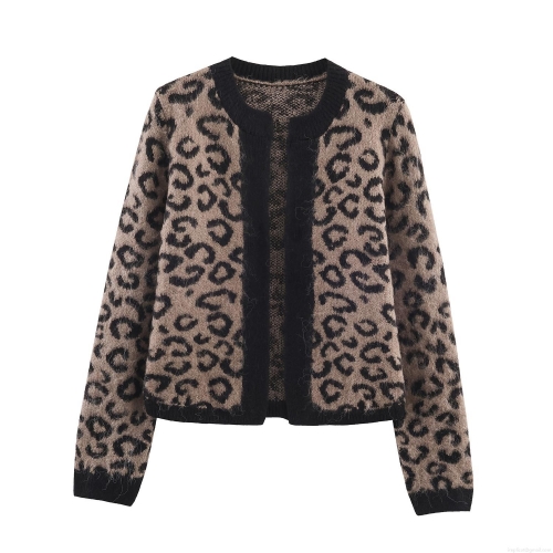 Women's Casual Leopard Print Knit Cardigan V-Neck Long Sleeve Sweater Coat With Pockets Loose Fit Streetwear Polyester Knitted Outerwear