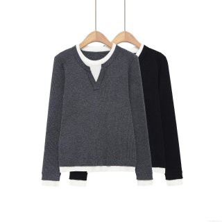 Women's Fake Two-Piece T-Shirt Long Sleeve Polyester Color Contrast Stitching Loose Pullover Top Streetwear Style Casual Autumn Wear