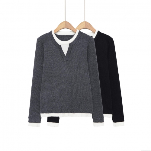 Women's Fake Two-Piece T-Shirt Long Sleeve Polyester Color Contrast Stitching Loose Pullover Top Streetwear Style Casual Autumn Wear