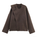 Women's Casual Asymmetrical Scarf Collar Knit Sweater Autumn Winter Loose Pullover Solid Deep Brown Polyester Long Sleeve Jumper Top With Metal Buttons