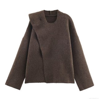 Women's Casual Asymmetrical Scarf Collar Knit Sweater Autumn Winter Loose Pullover Solid Deep Brown Polyester Long Sleeve Jumper Top With Metal Buttons