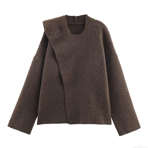 Women's Casual Asymmetrical Scarf Collar Knit Sweater Autumn Winter Loose Pullover Solid Deep Brown Polyester Long Sleeve Jumper Top With Metal Buttons