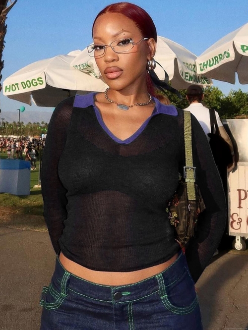 Women's Contrast Color Polo Collar Long Sleeve T-Shirt See-Through Mesh Slim Fit Streetwear Top For Daily Street Fashion Sexy Lady Blouse