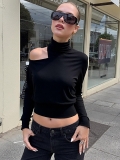 Sexy Women's Long Sleeve T-Shirt Asymmetric Off Shoulder Cut Out High Neck Slim Fit Polyester Spandex Top For Clubwear Party Streetwear