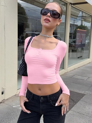 Women's Square Neck Ribbed Knit Long Sleeve Crop Top Button Front Slim Fit Polyester And Spandex Casual Streetwear T-Shirt For Women